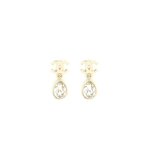 Chanel CC And Crystal Drop Earrings Light Gold Tone