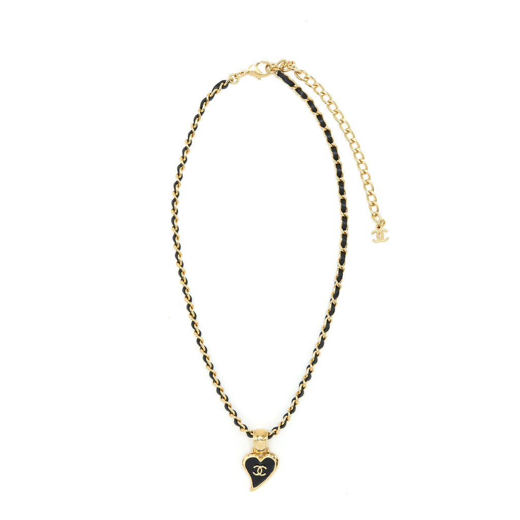 Chanel Leather Chain Necklace Black With Heart CC Pendant GHW