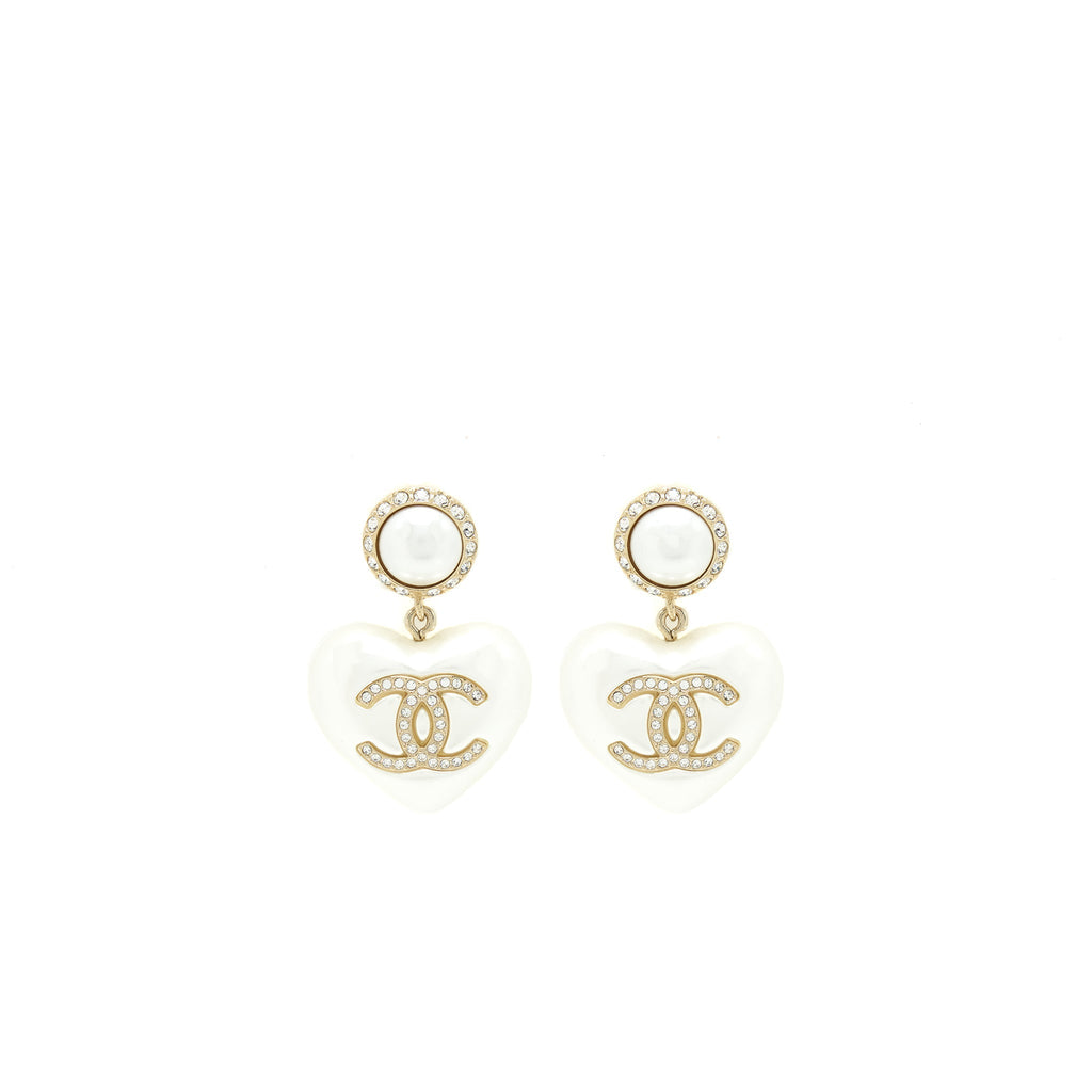 Chanel Heart Pearl Crystals CC Logo Earrings LGHW