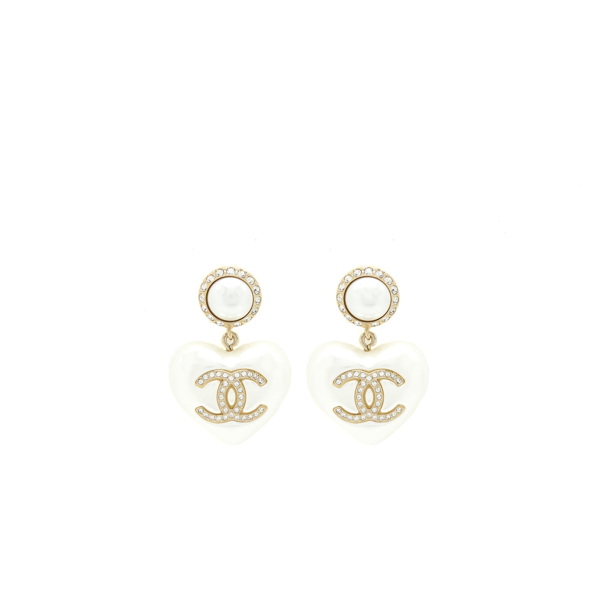 Chanel Heart Pearl Crystals CC Logo Earrings LGHW