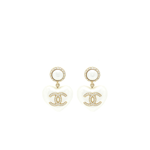 Chanel Heart Pearl Crystals CC Logo Earrings LGHW