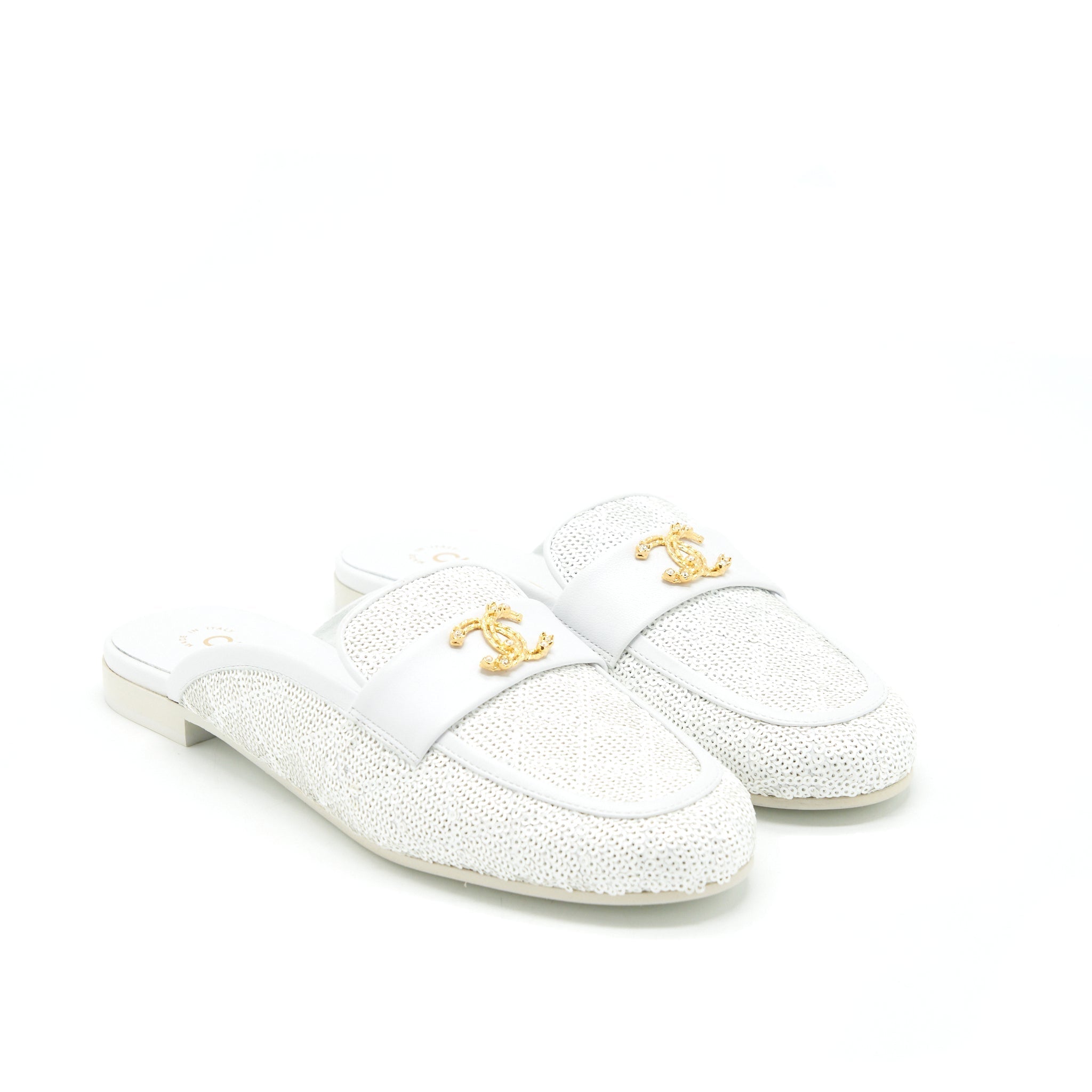 Chanel Size 38 CC Logo Sequins Lambskin Mule White GHW