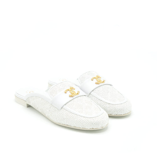 Chanel Size 38 CC Logo Sequins Lambskin Mule White GHW