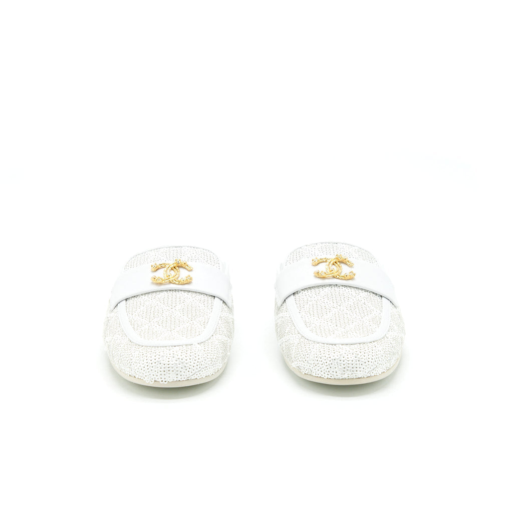 Chanel Size 38 CC Logo Sequins Lambskin Mule White GHW