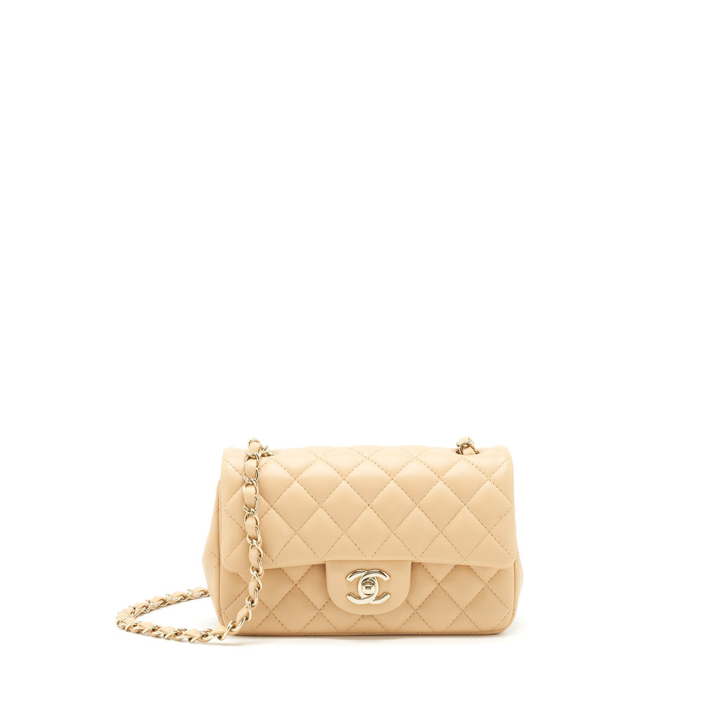 Chanel Mini Rectangular Lambskin Beige LGHW(Microchip)