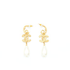 Chanel CC Pearl Drop Earrings Gold Tone