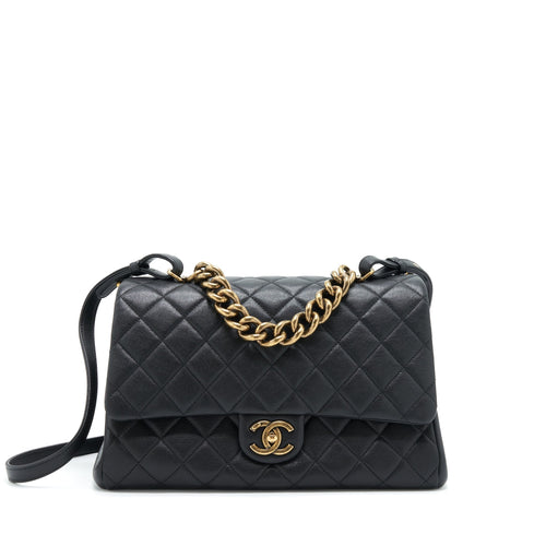 Chanel Large Flap Bag Calfskin Black Ruthenium Gold Hardware