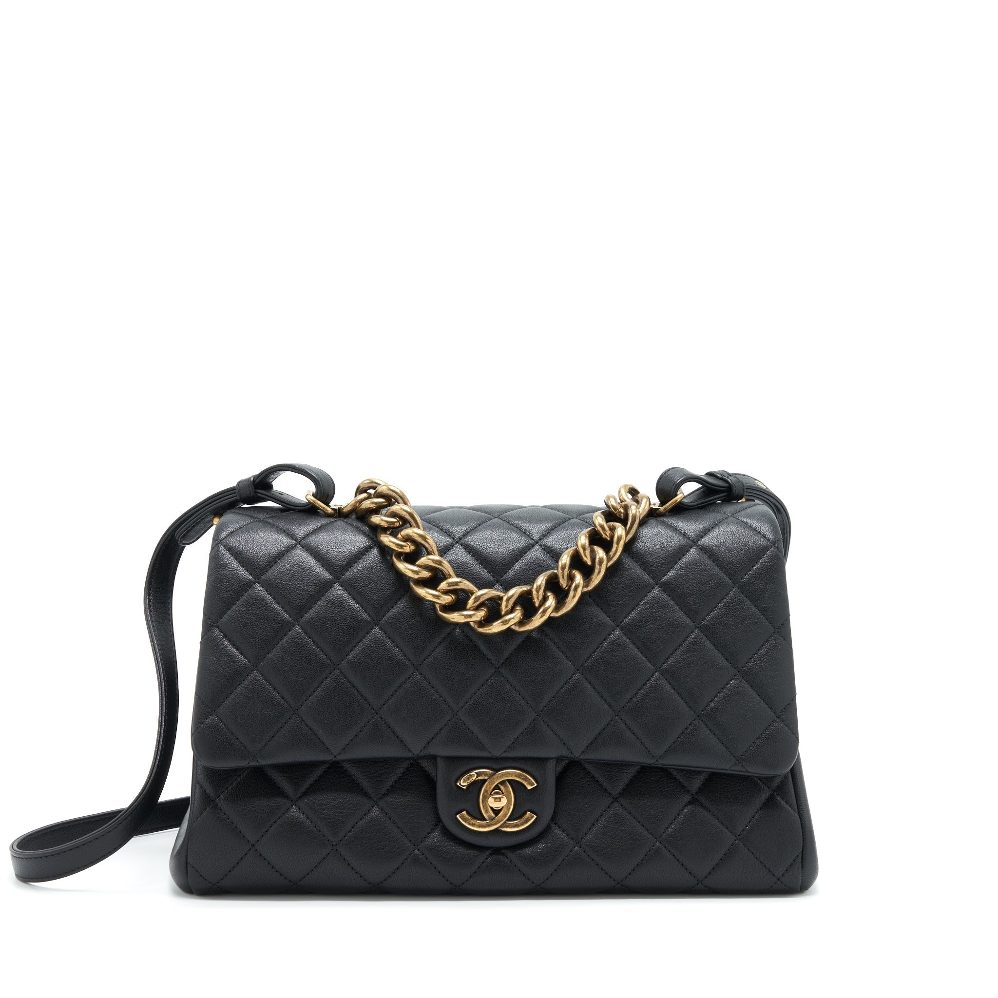 Chanel Large Flap Bag Calfskin Black Ruthenium Gold Hardware