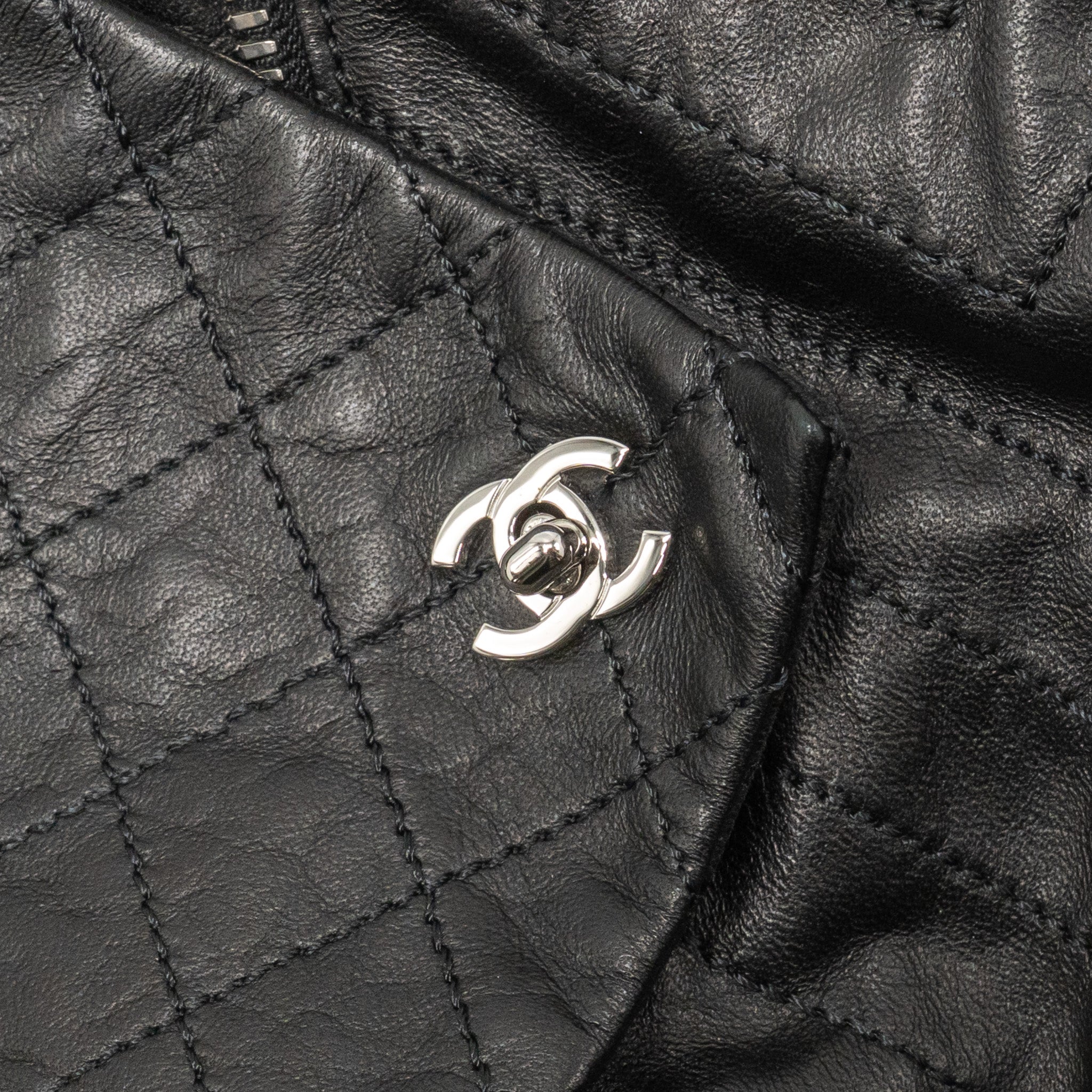 Chanel Size 44 Quilted Long Coat Leather Black