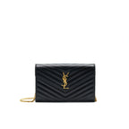 SAINT LAURENT Monogram Chain Wallet in Grain De Poudre Embossed Leather in Black