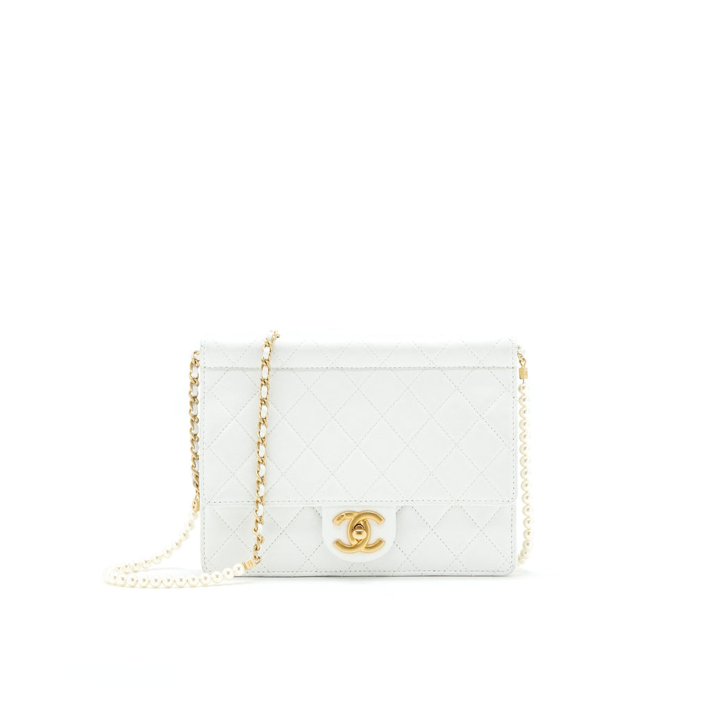 Chanel Quilted Pearl Chain Flap Bag In White GHW