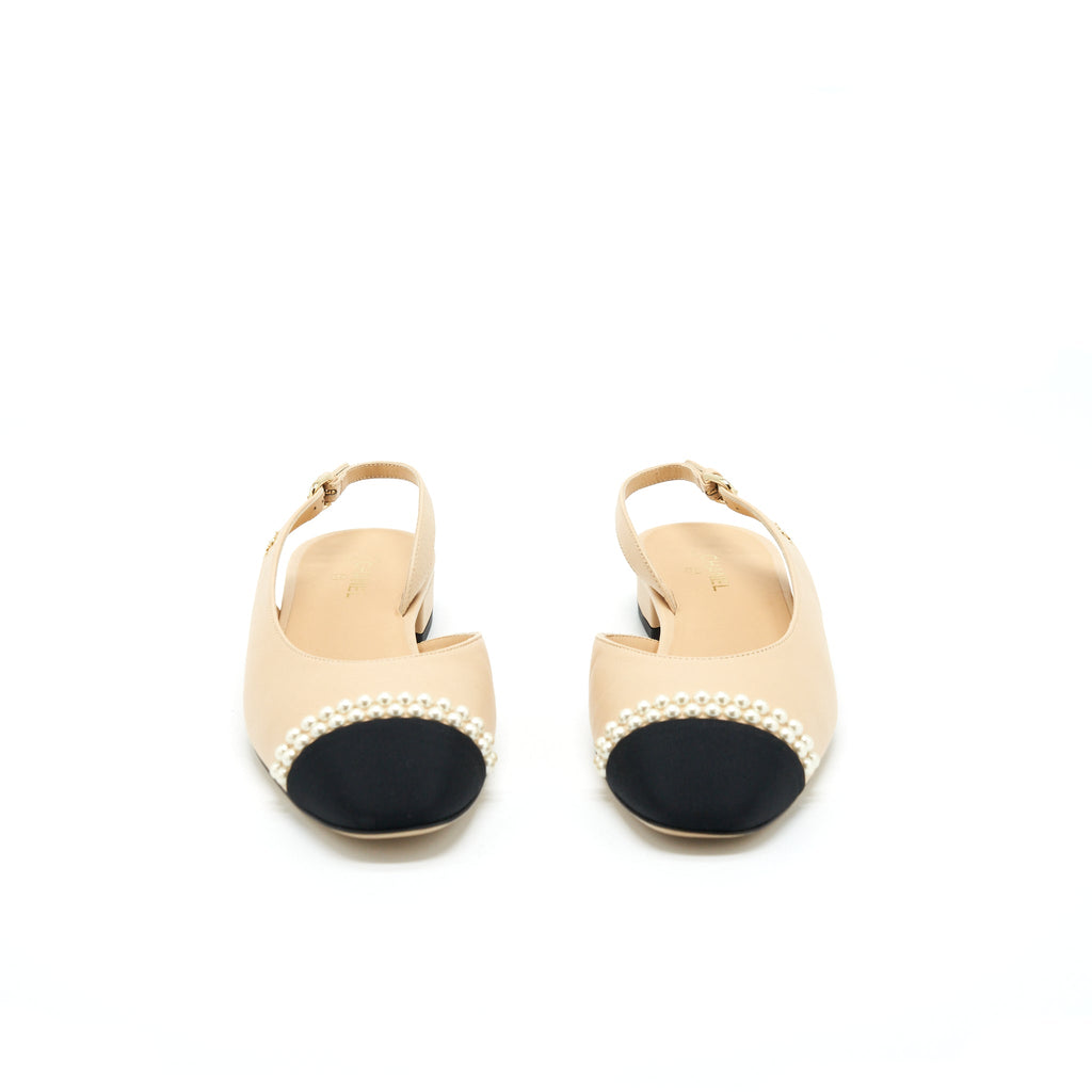 Chanel 38.5C Slingback Flats Beige With Pearls