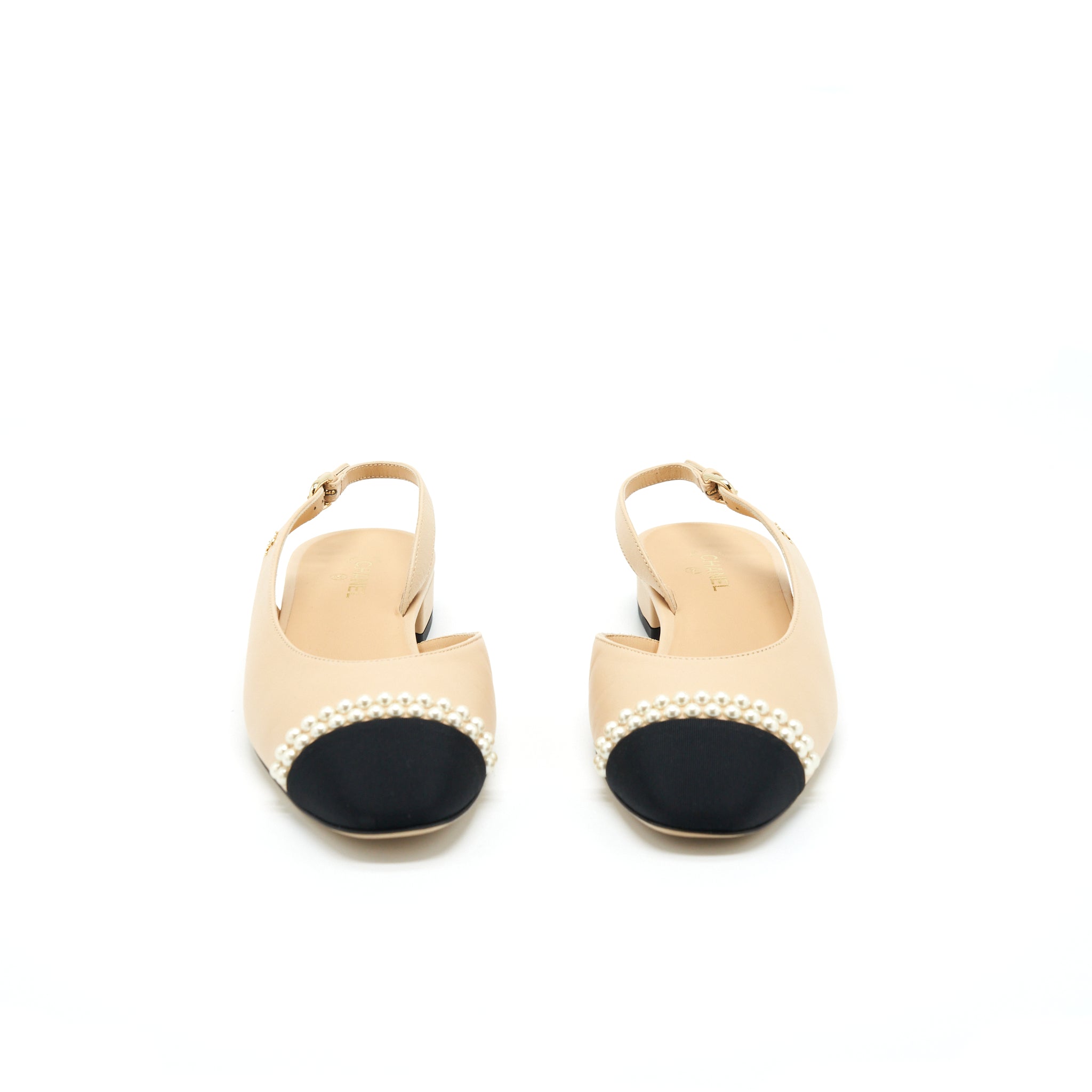 Chanel 38.5C Slingback Flats Beige With Pearls