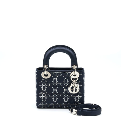 Dior Mini Lady Dior Satin Crystal Cannage Dark Blue SHW