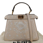 FENDI Peekaboo Vitello Seta Nappa Floral Embroidered Leather Tote Bag Camelia