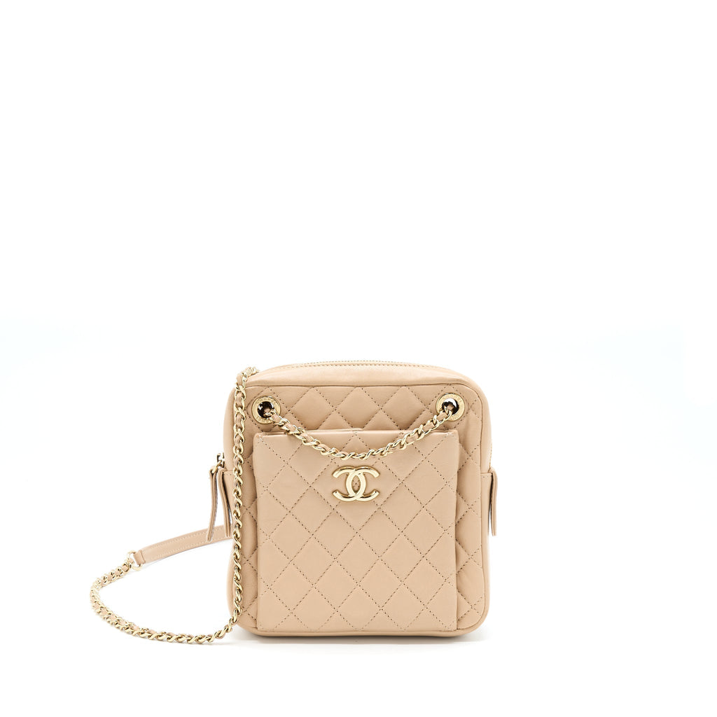 Chanel Small Vertical Camera Bag With Chain Lambskin Beige LGHW