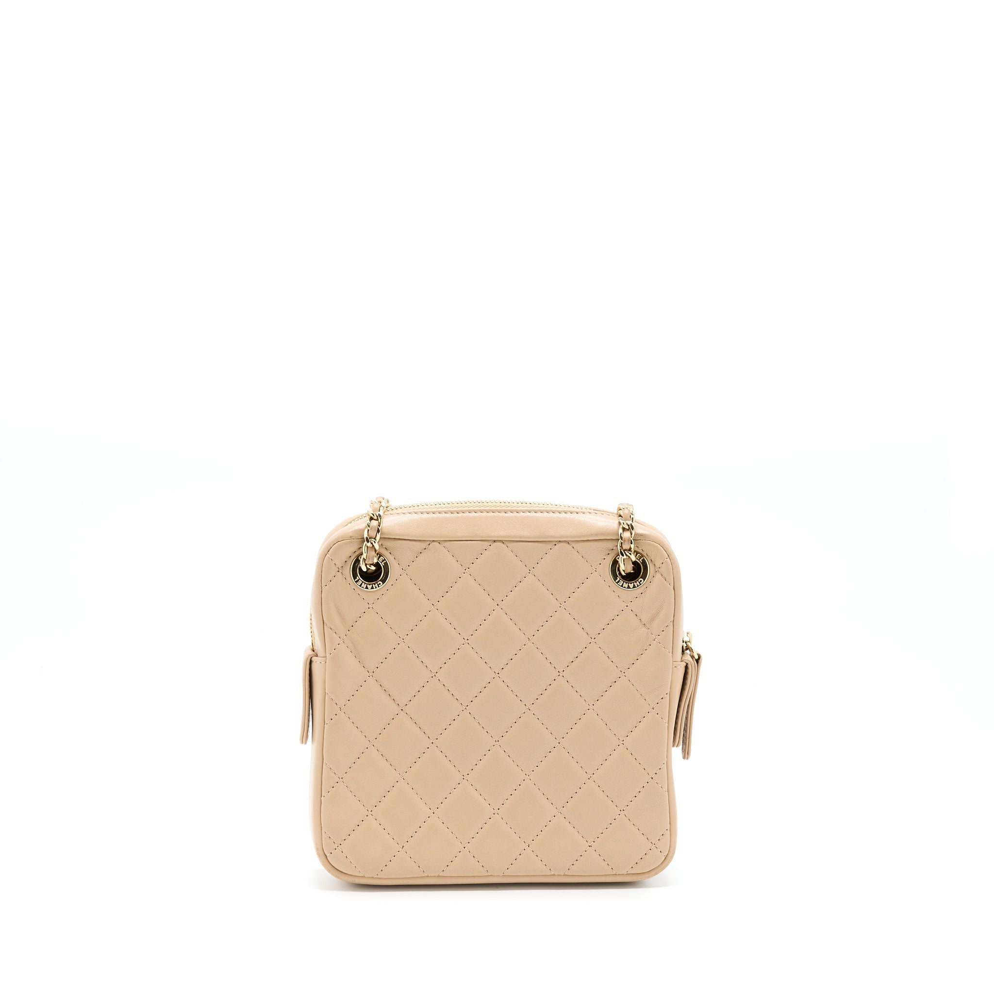 Chanel Small Vertical Camera Bag With Chain Lambskin Beige LGHW