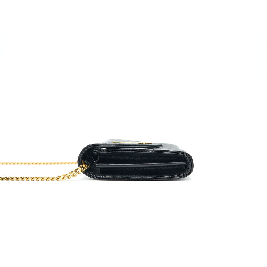SAINT LAURENT Monogram Chain Wallet in Grain De Poudre Embossed Leather in Black