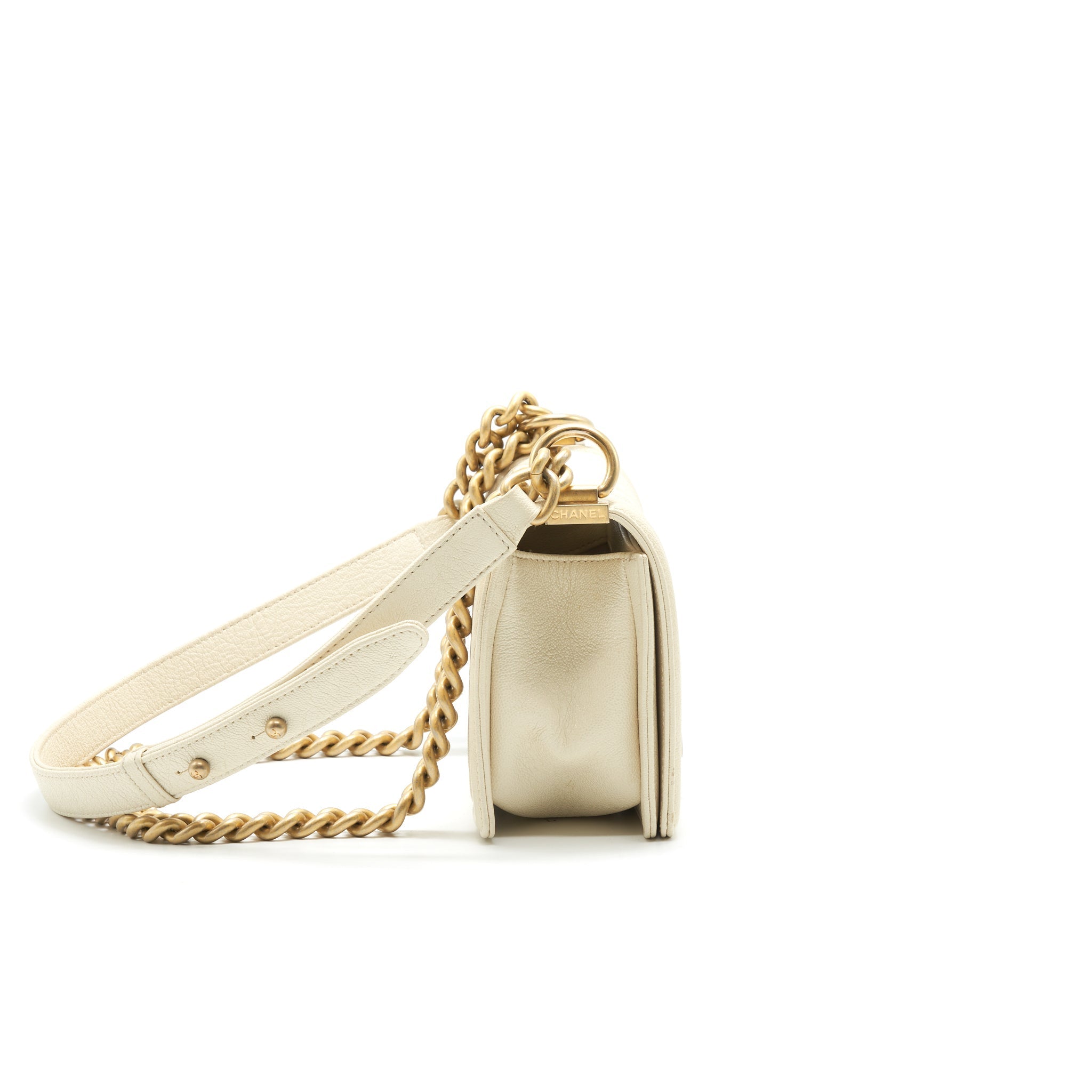 CHANEL SMALL BOY BAG CAVIAR LEATHER GHW IN WHITE