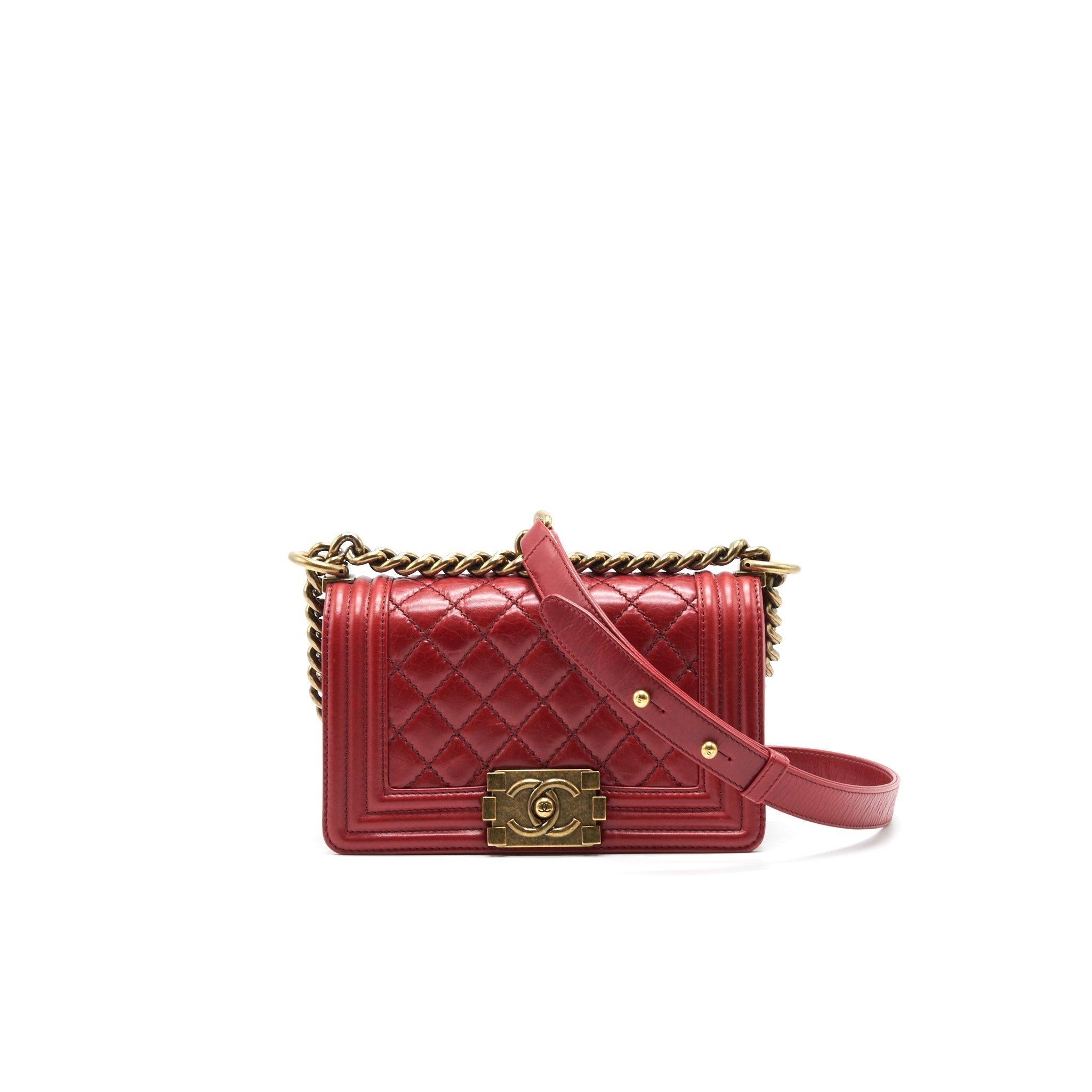 CHANEL GLAZED CALFSKIN SMALL LE BOY BAG IN RED GHW