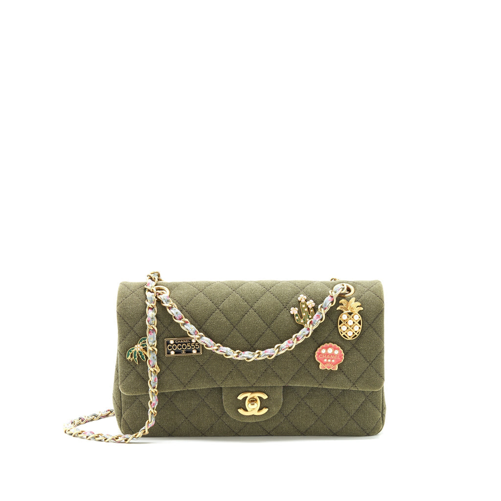 Chanel Cuba Charms Classic double flap Bag Canvas Green GHW
