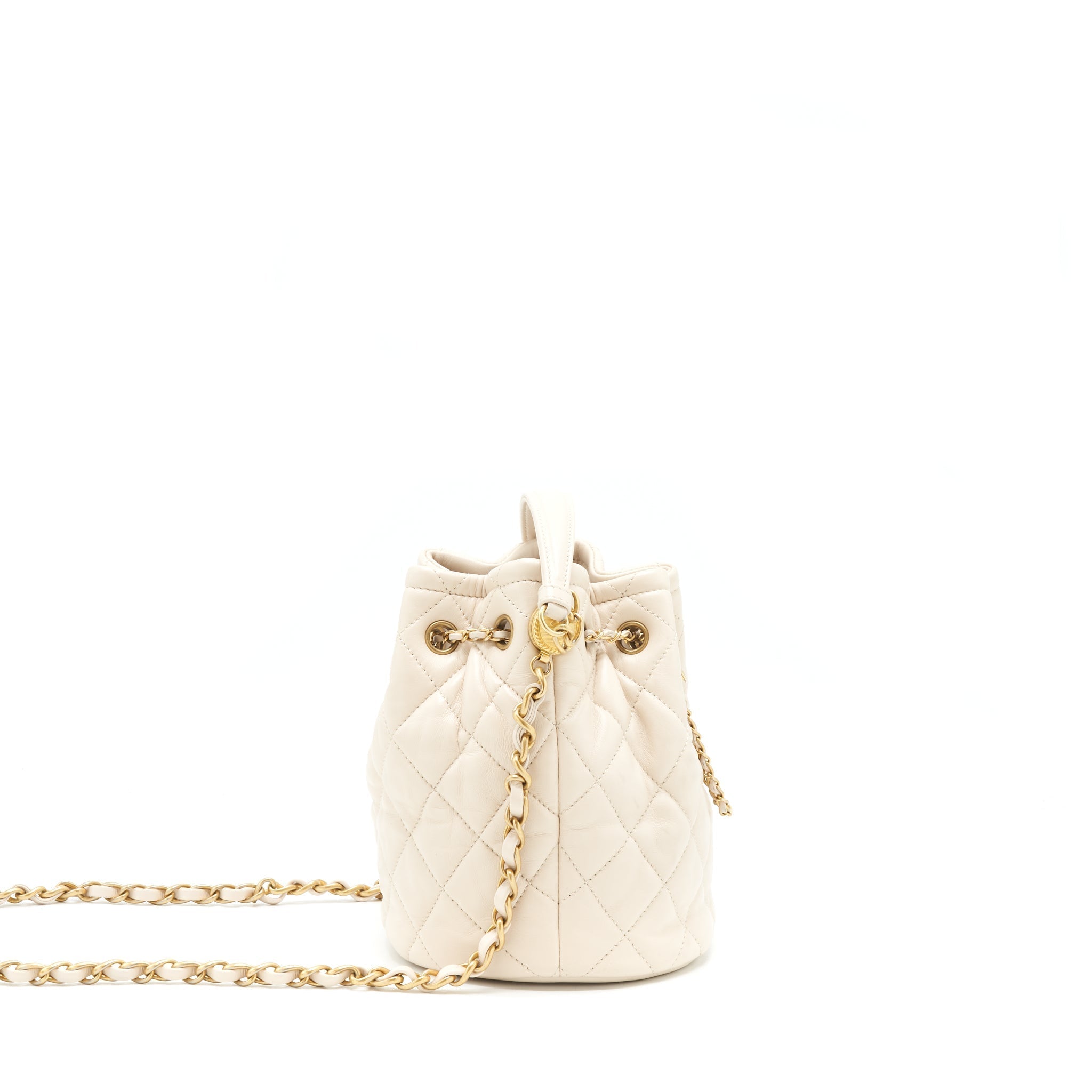 Chanel Button Bucket Crossbody Bag Lambskin White GHW