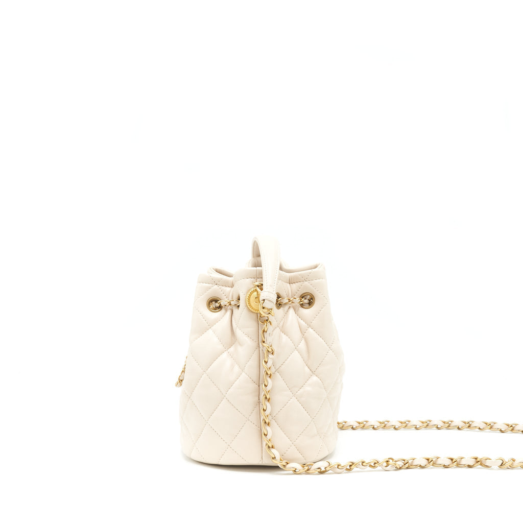 Chanel Button Bucket Crossbody Bag Lambskin White GHW