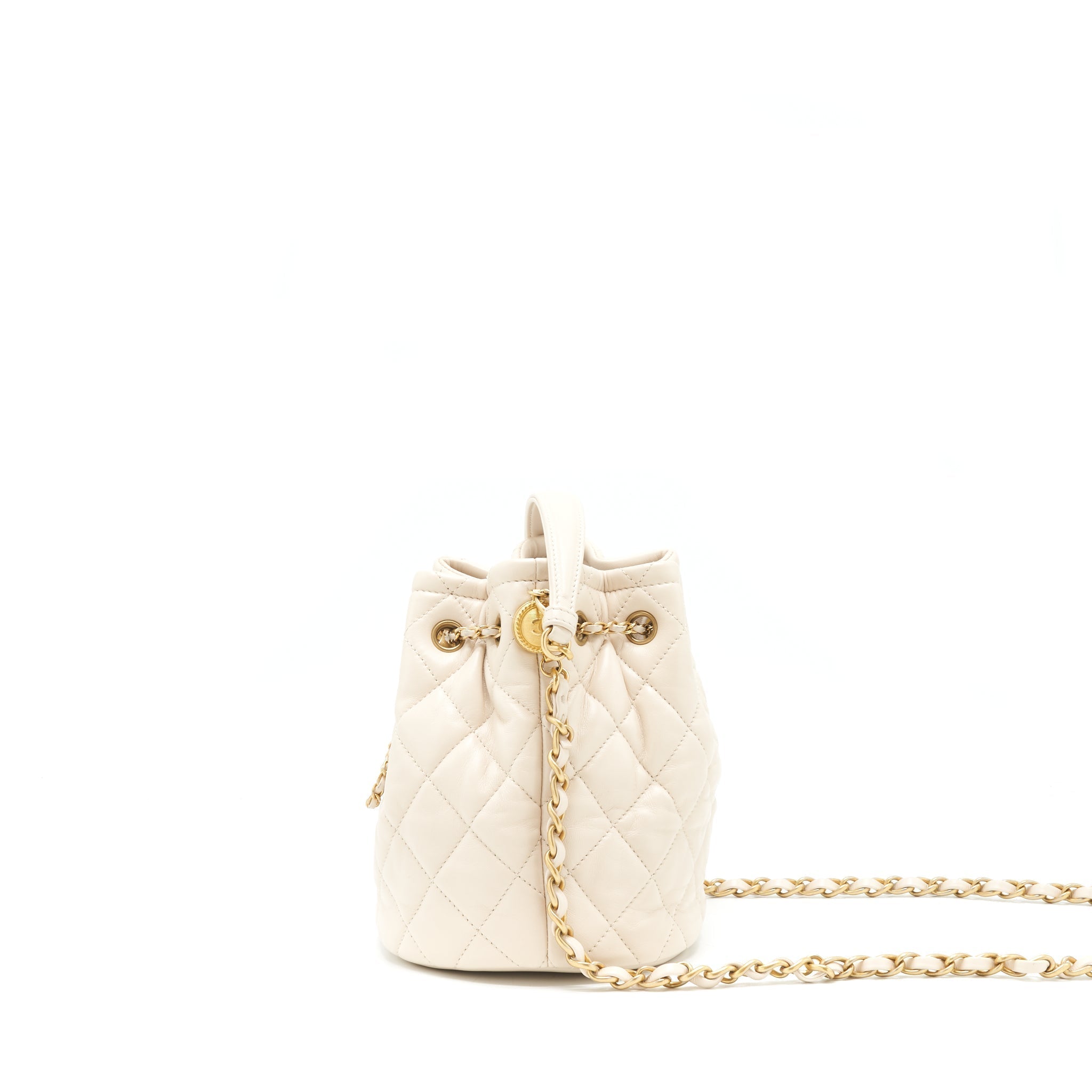 Chanel Button Bucket Crossbody Bag Lambskin White GHW