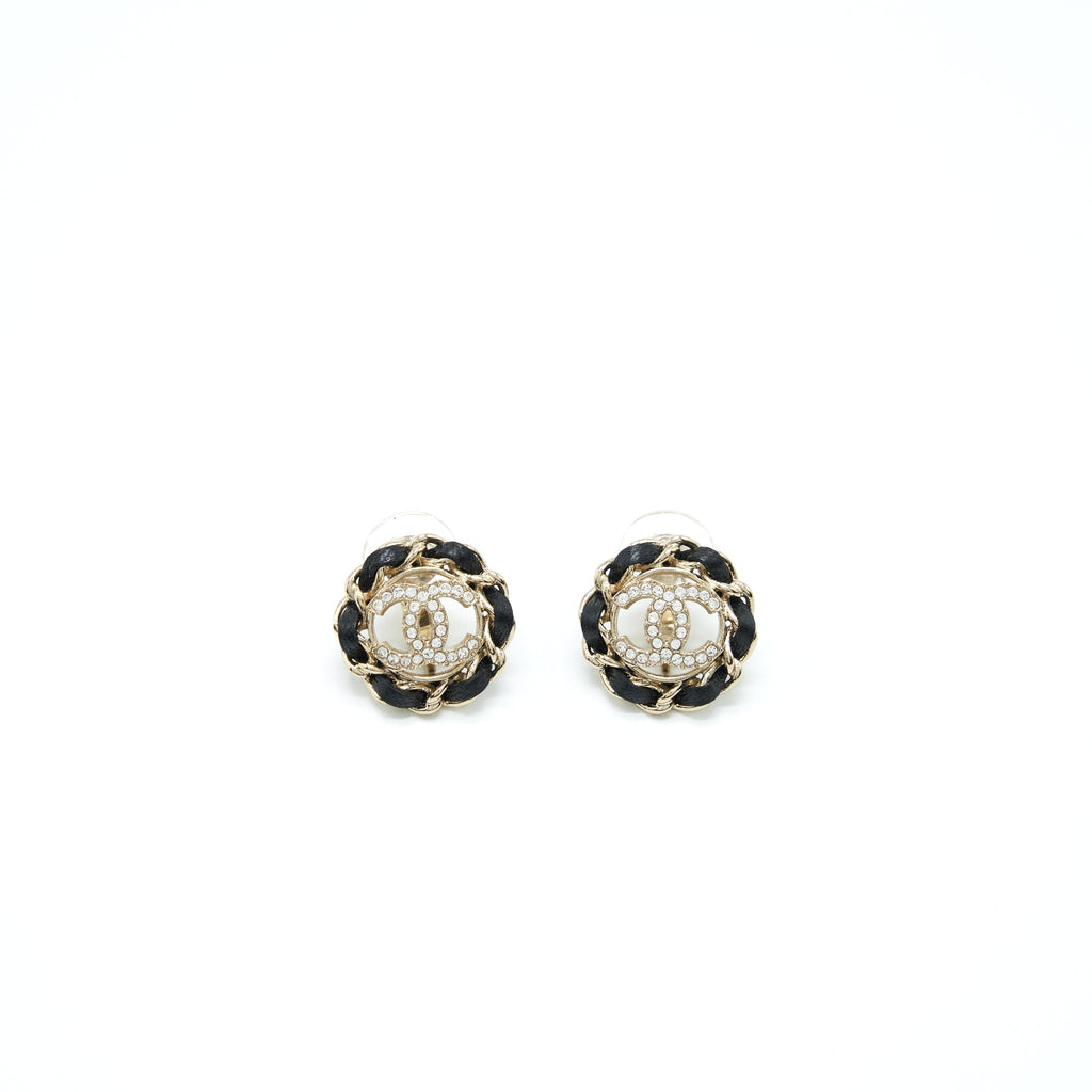 Chanel CC Logo With Leather Chain Round Ear Clip Black/ Light Gold Tone