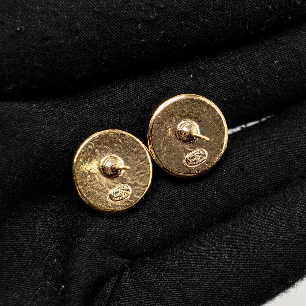 Chanel Round CC Logo Earrings Red Gold Tone