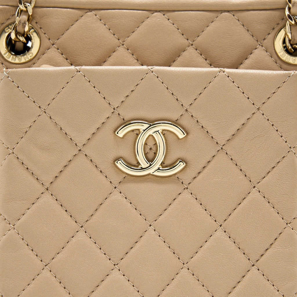 Chanel Small Vertical Camera Bag With Chain Lambskin Beige LGHW