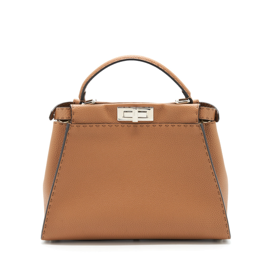 Fendi Medium Peekaboo Tote Bag Grained Calfskin Caramel SHW