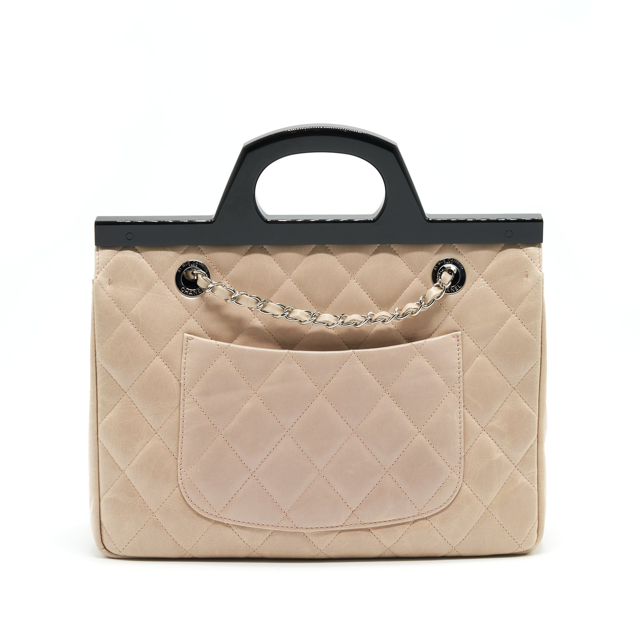 Chanel Top Handle Flap Bag with Chain Beige/ Black serial20