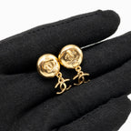 Chanel Round Camellia CC Drop Earrings Black Leather Gold Tone