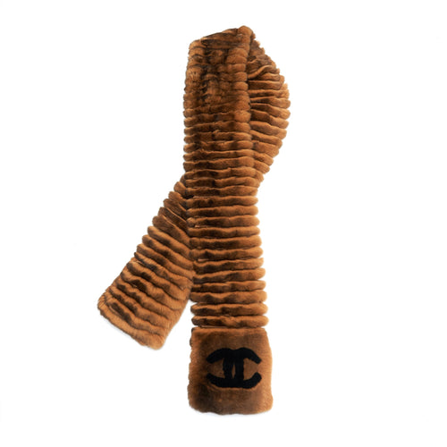 Chanel CC Logo Fur Long Scarf Brown
