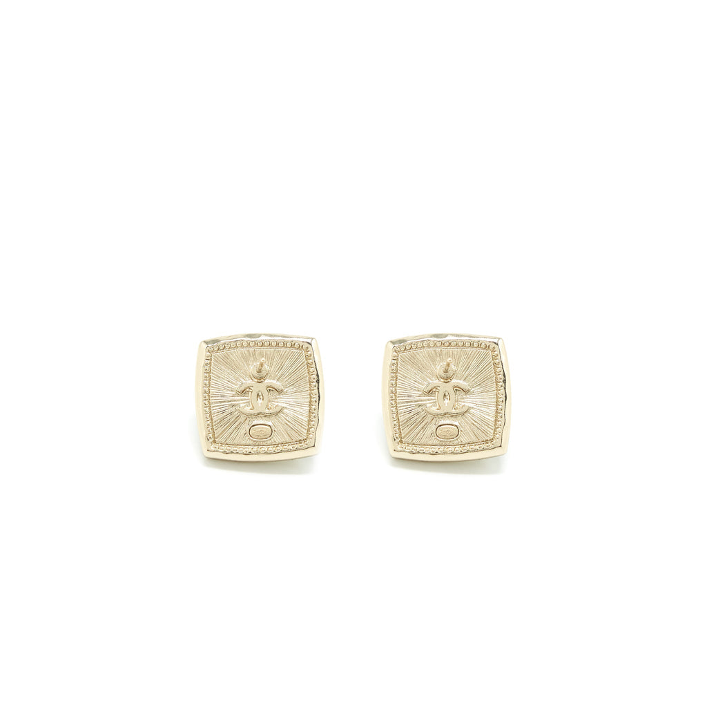 Chanel Cube CC Earrings Light Gold Tone