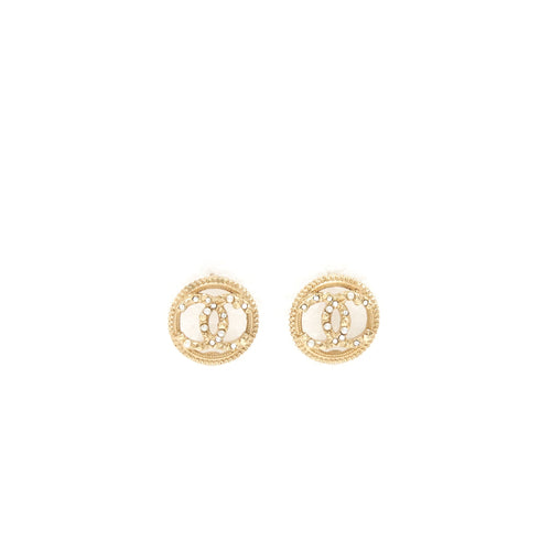 Chanel Round CC Logo Crystal and Pearl Earrings GHW