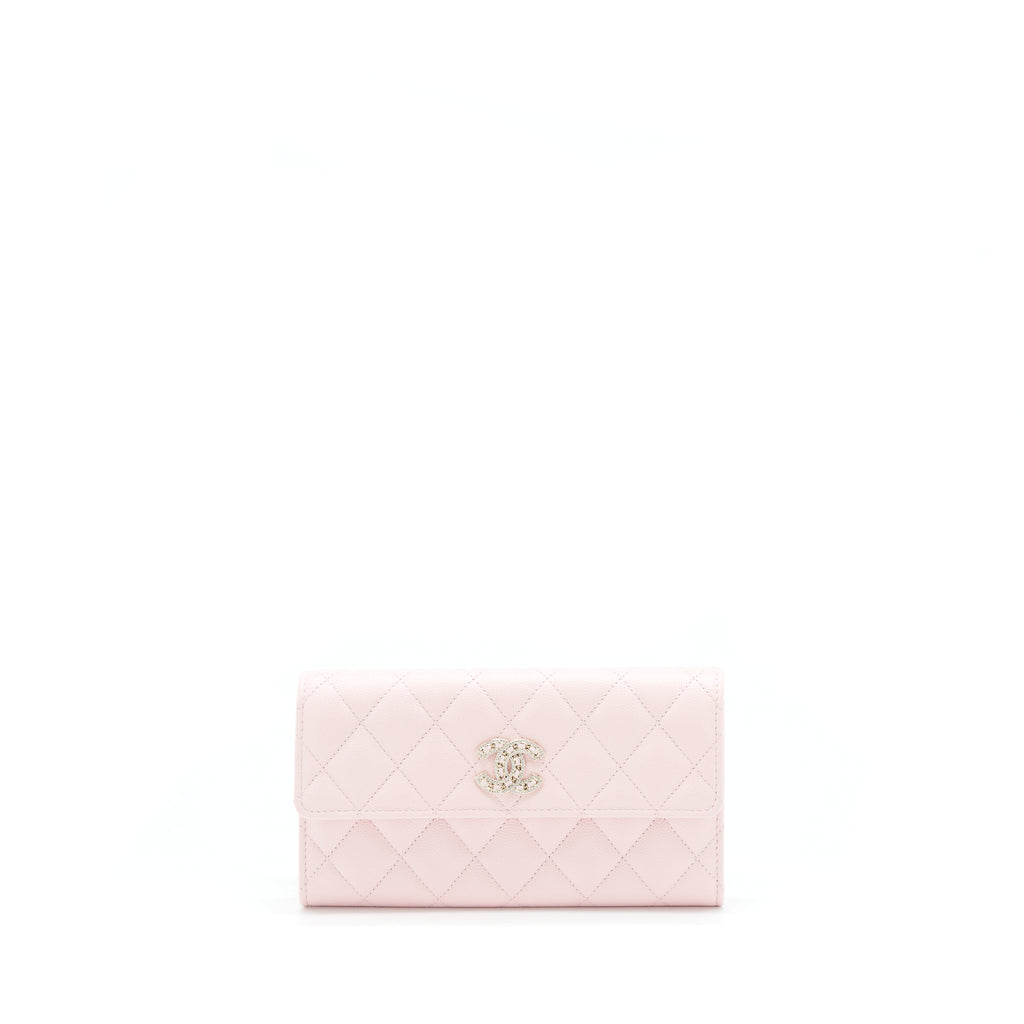 Chanel 22S detailed logo flap long wallet caviar light pink with LGHW