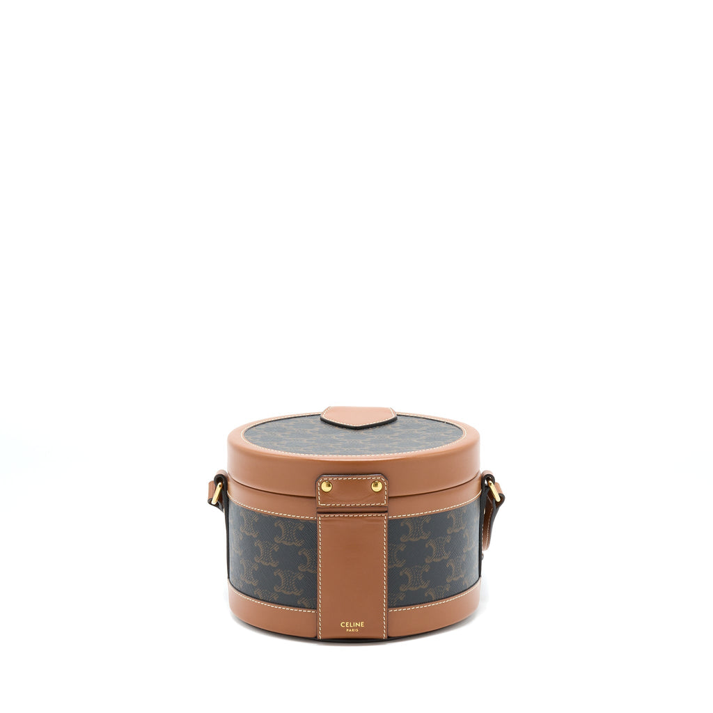 Celine Medium Tambour Bag Triomphe Canvas and Calfskin Tan