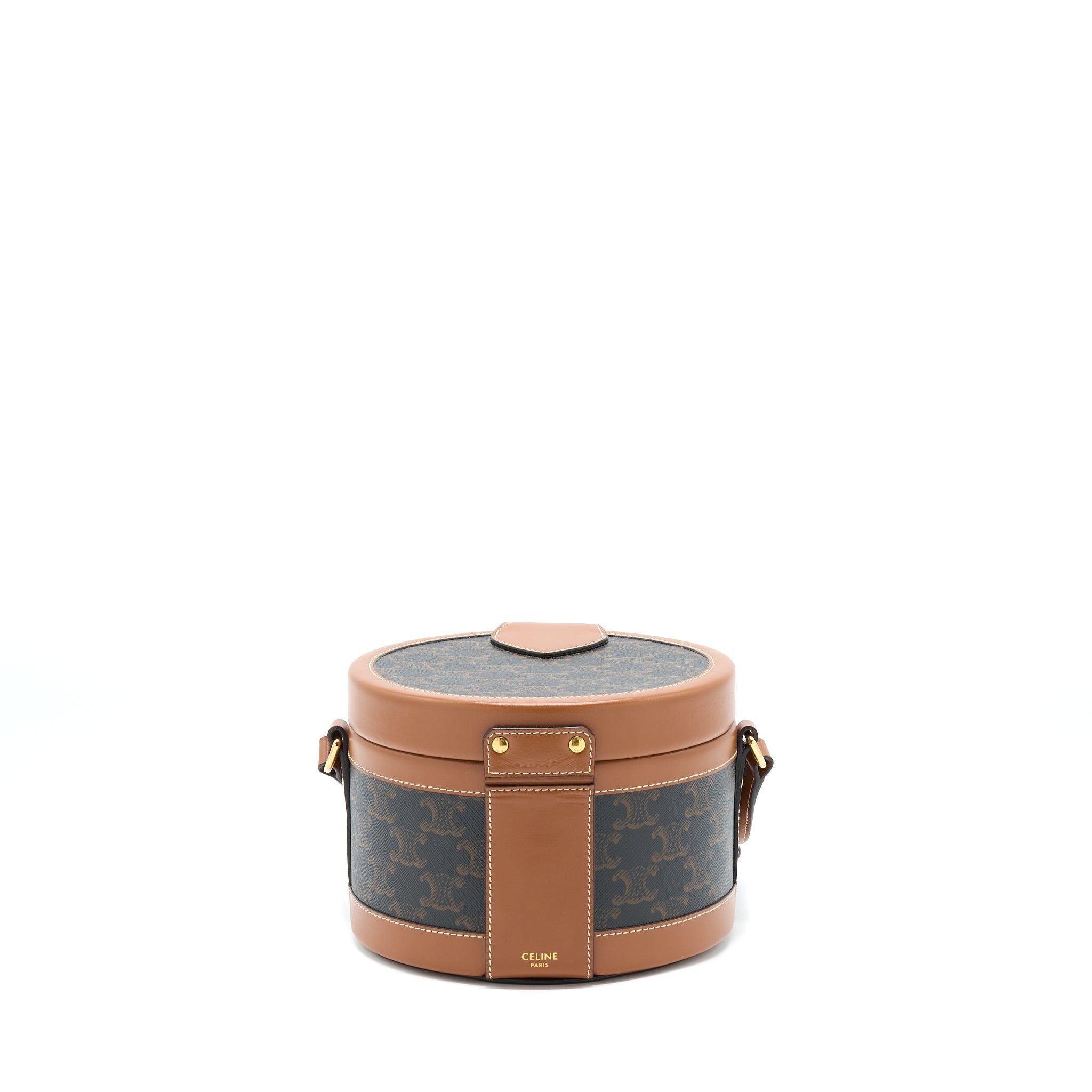 Celine Medium Tambour Bag Triomphe Canvas and Calfskin Tan