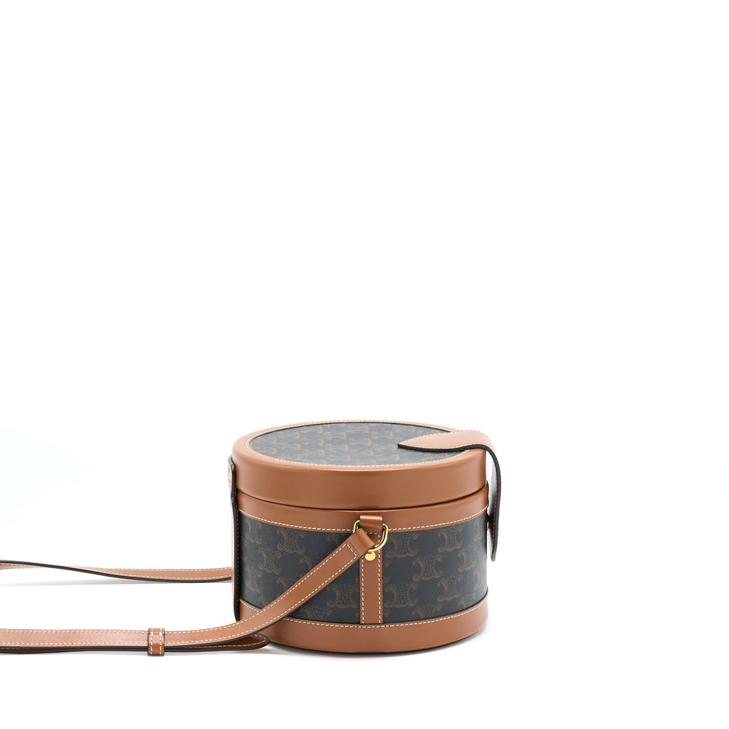 Celine Medium Tambour Bag Triomphe Canvas and Calfskin Tan