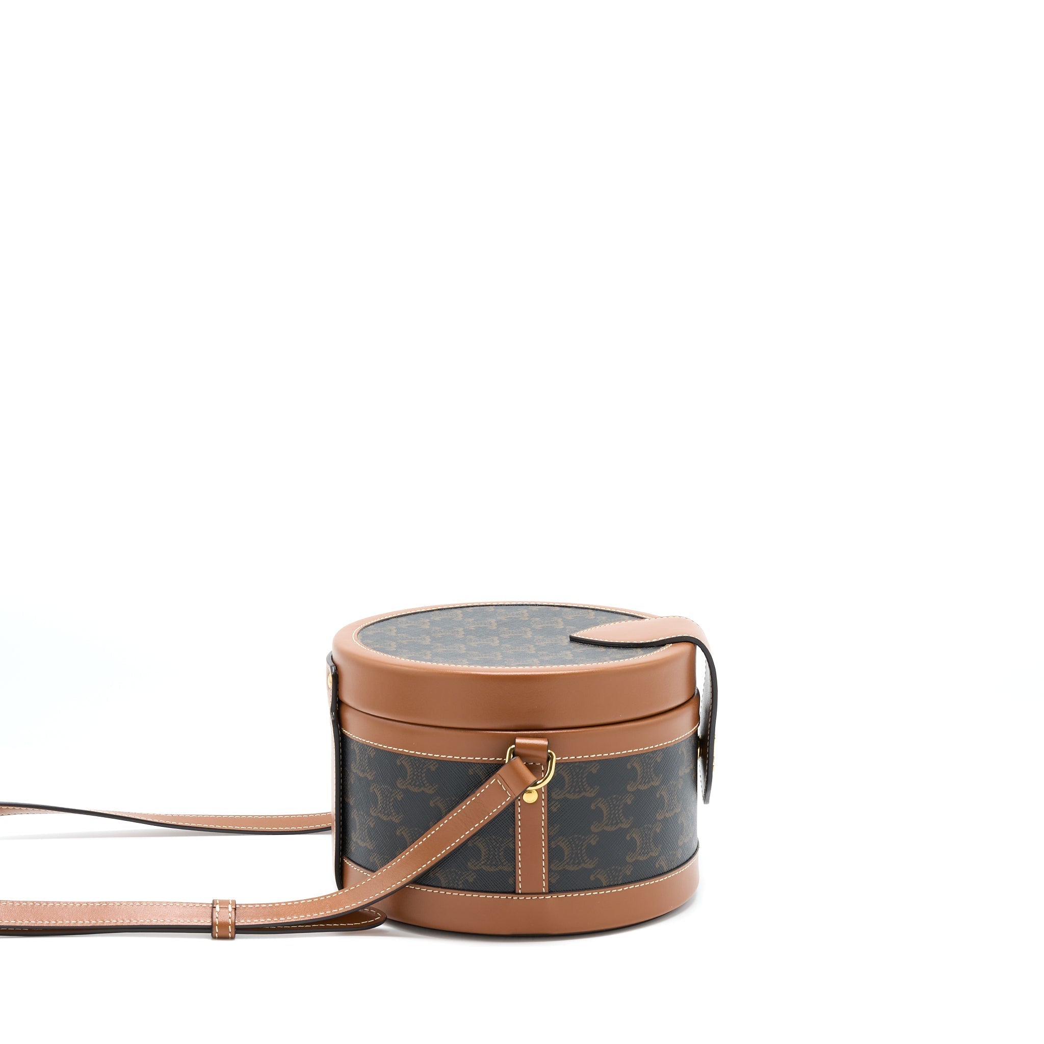 Celine Medium Tambour Bag Triomphe Canvas and Calfskin Tan