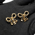 Chanel Leather Weave Bow Earrings Black Gold Tone