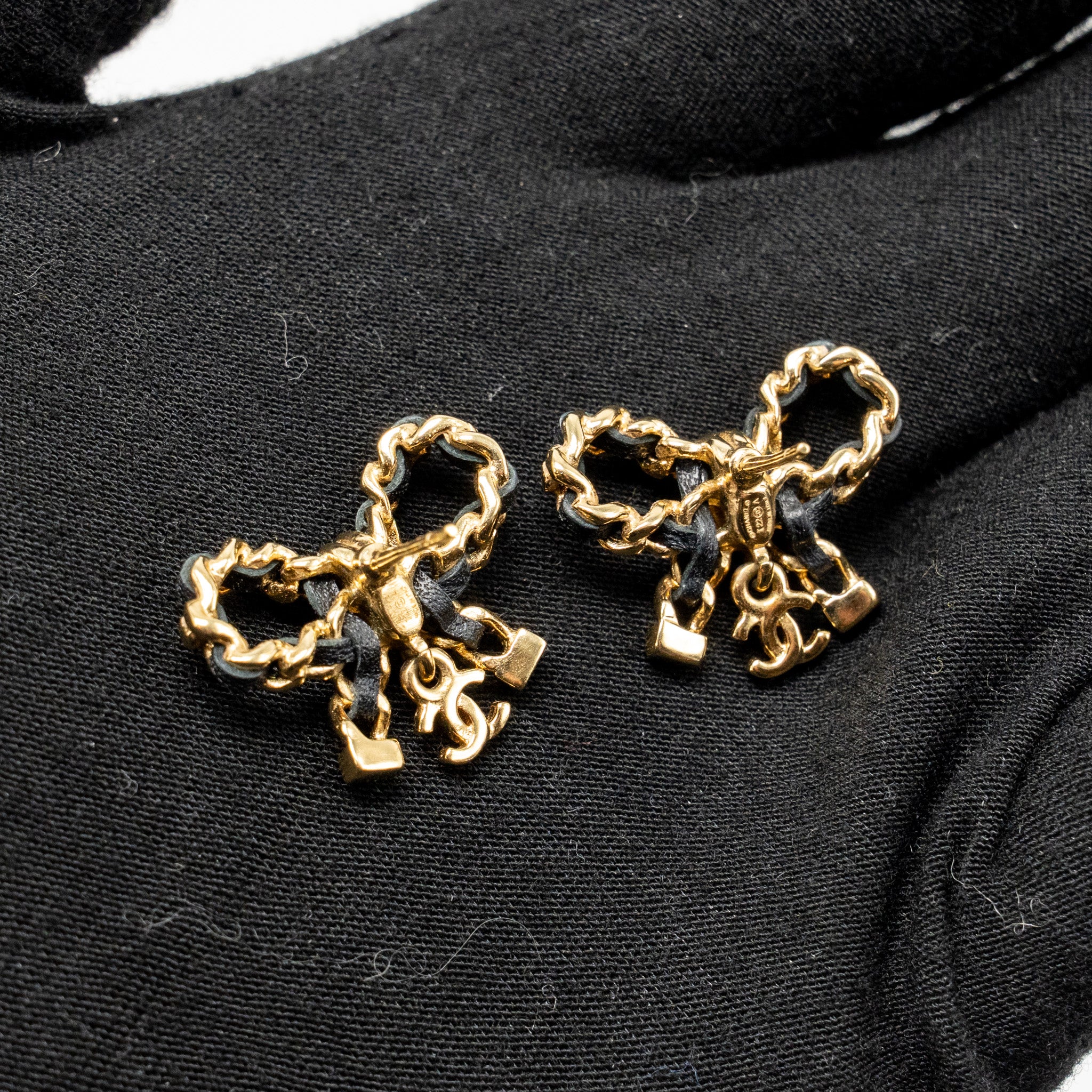 Chanel Leather Weave Bow Earrings Black Gold Tone