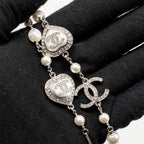 Chanel Crystal Heart Shape/Pearl Long Necklace Silver Tone