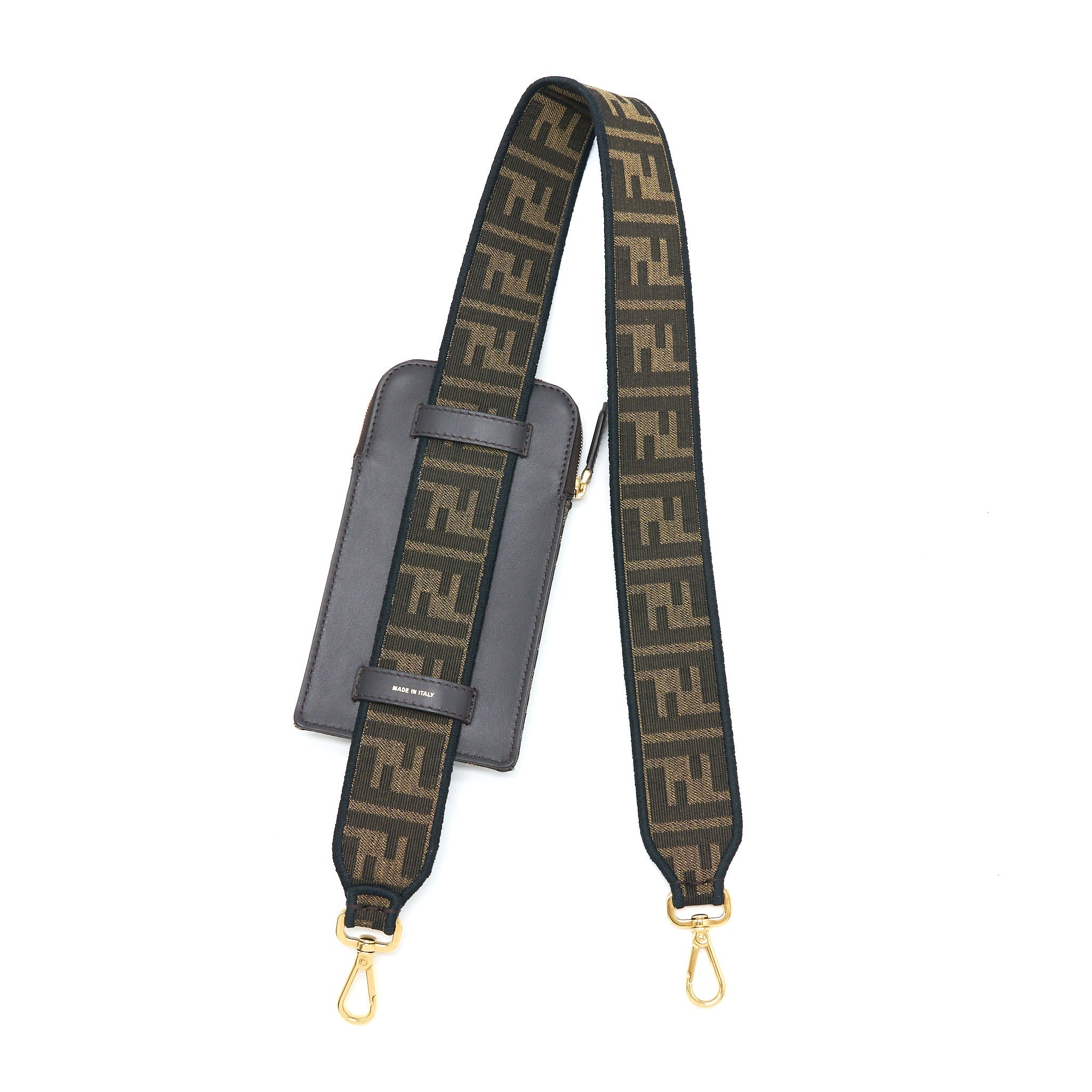 Fendi Bag Strap with Phone Pouch FF Jacquard Canvas Brown GHW