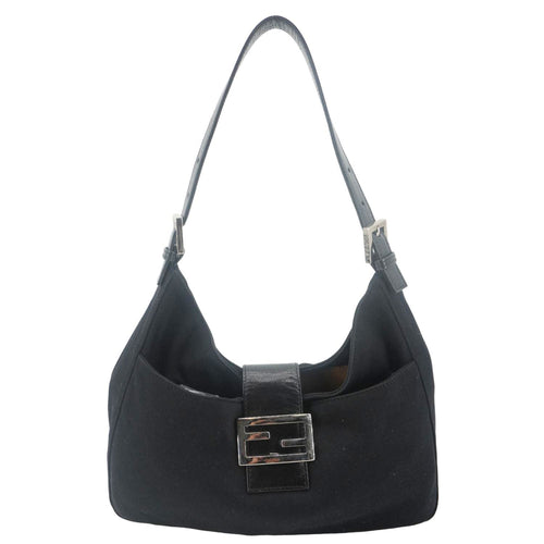 FENDI FF Logo Baguette Neoprene Fiber Shoulder Bag Black