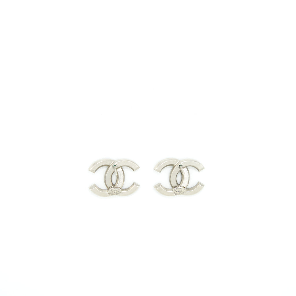Chanel CC logo crystal earrings silver and black tone