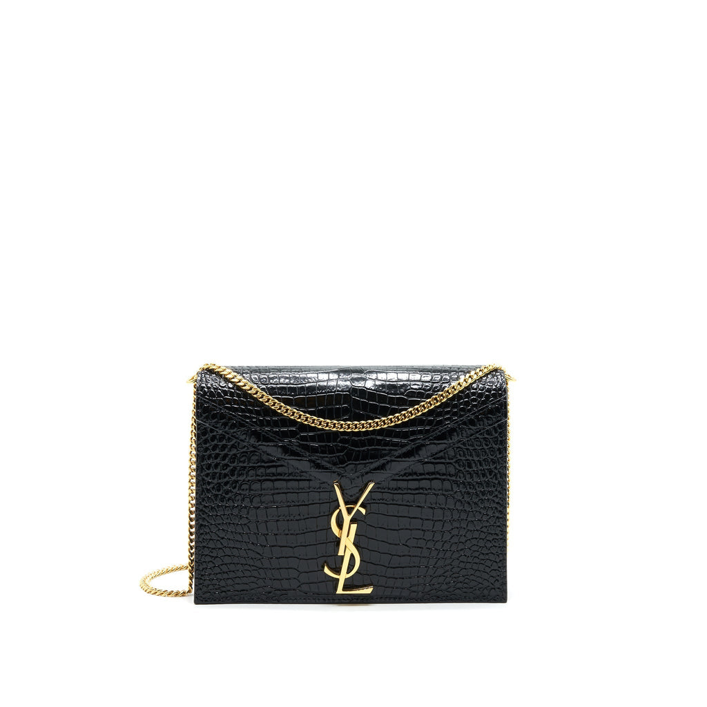 Saint Laurent Cassandra Monogram Clasp Bag Croc-Embossed Calfskin Black GHW