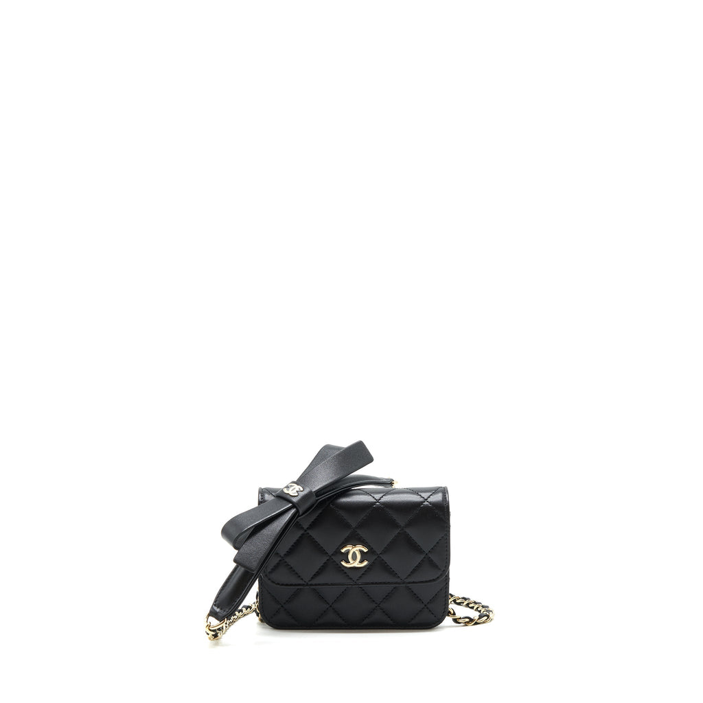 Chanel Mini flap card holder Ribbon Chain Lambskin Black LGHW
